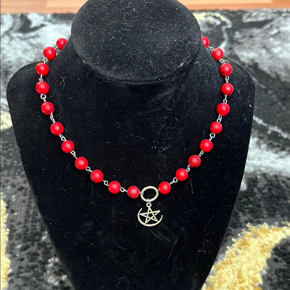 Elegant Red Beaded Necklace with Silver Star Charm
